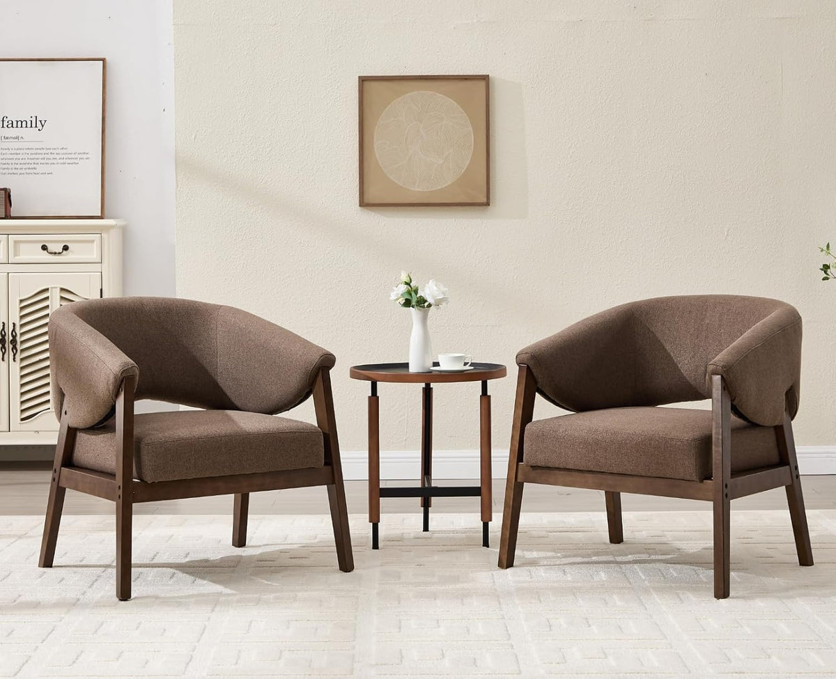Mid-Century Modern Accent Chair, Comfy Barrel Armchair with Wide Seat, Upholstered Lounge Chair with Walnut Wood Legs for Living Room/Bedroom/Reading Corner, Linen Fabric, Brown, 1PC