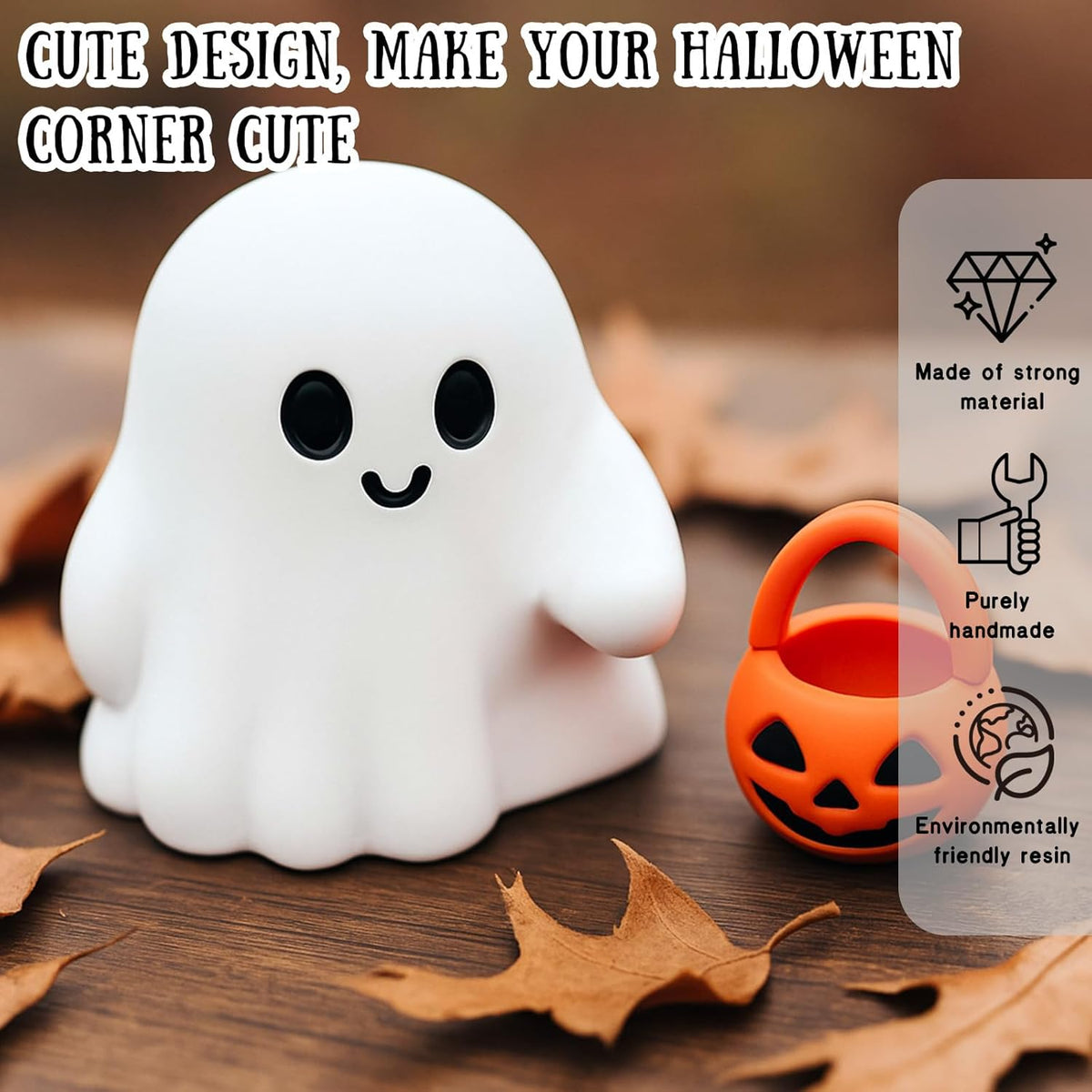 2 Pcs Halloween Ghost Figurine Cartoon Cute Spooky Carrying Pumpkin Basket Desk Display Ornament Tiny Trick or Treat Ghost Resin Halloween Statue for Home and Office Tabletop Decor Supplies