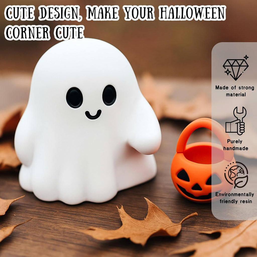 Halloween Ghost Figurine Cartoon Cute Spooky Carrying Pumpkin Basket Desk Display Ornament Tiny Trick or Treat Ghost Resin Halloween Statue for Home and Office Tabletop Decor Supplies