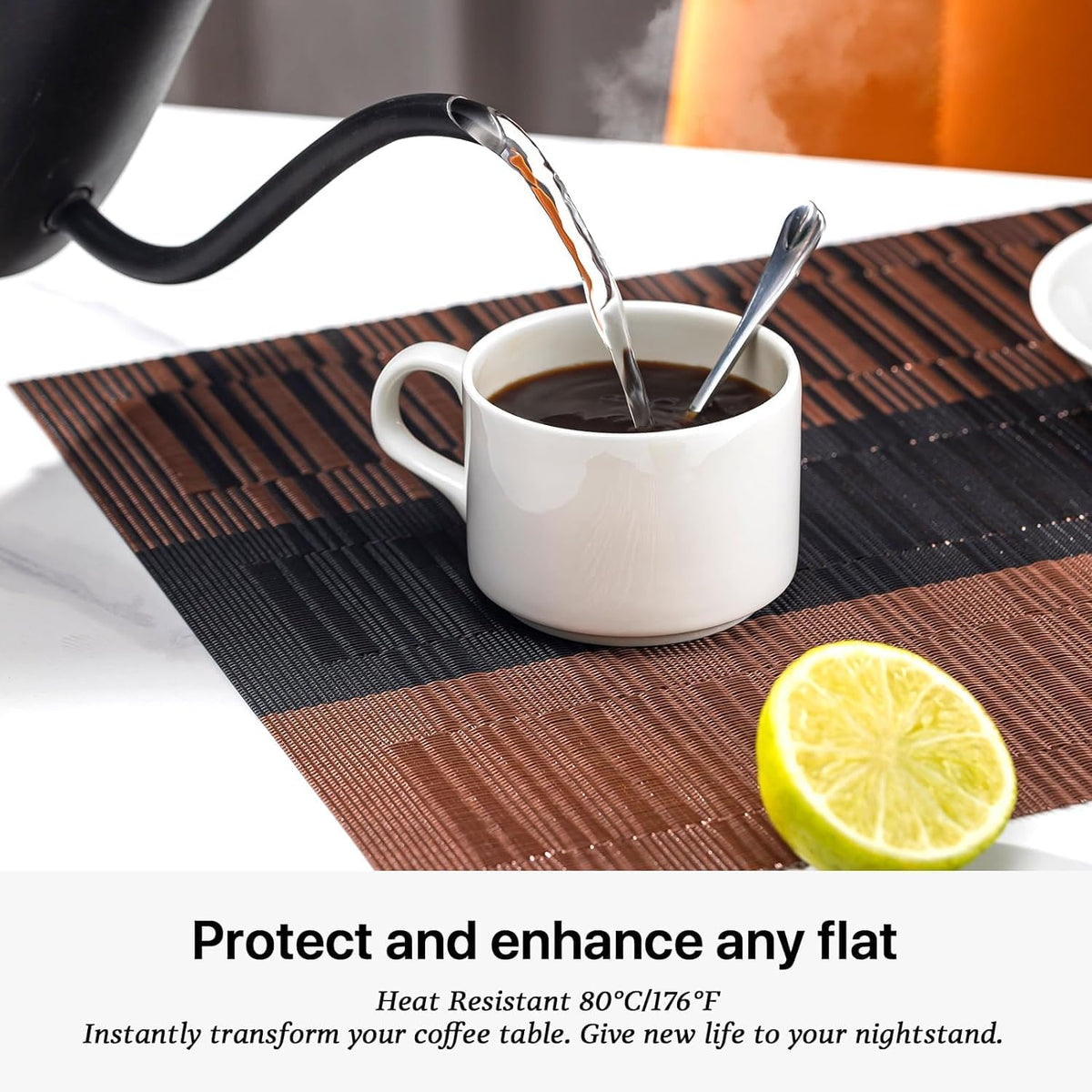 LEXMORE PlaceMats Set of 12 Vinyl/Plastic Woven Place Mats for Kitchen Table Indoor/Outdoor Washable PlaceMat Wipeable Dining Table Mats(Ombre Brown Black)