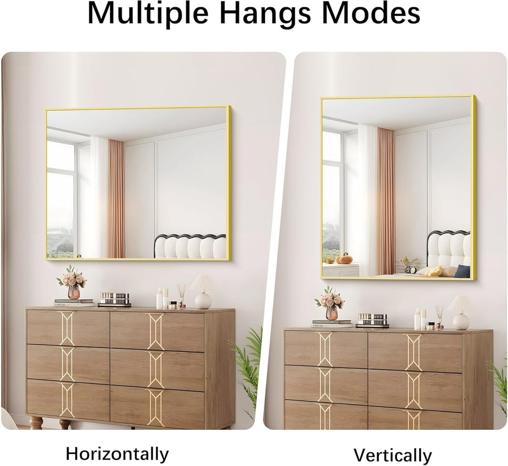 Gold Bathroom Mirror for Wall, 30x36 Inch Rectangle with Metal Frame, Modern Vanity for Bathroom Living Room, Entryway Hangs Horizontal or Vertical
