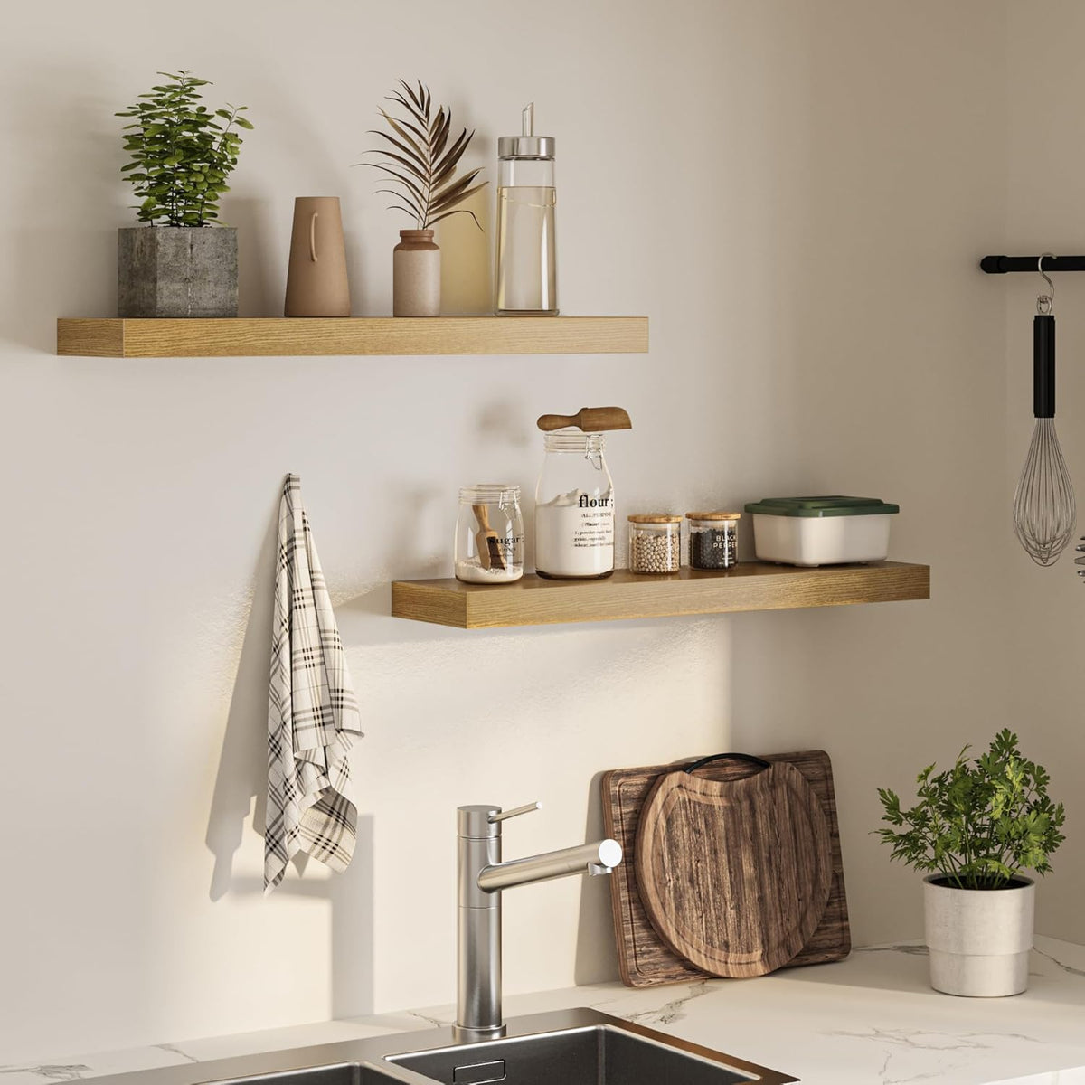 Floating Shelves for Wall, 31.5" W x 6.7" D x 1.5" H, Wooden Wall Mounted Display Shelves with Invisible Brackets for Living Room, Bedroom, Bathroom, Kitchen Decor and Storage, Set of 2, Oak