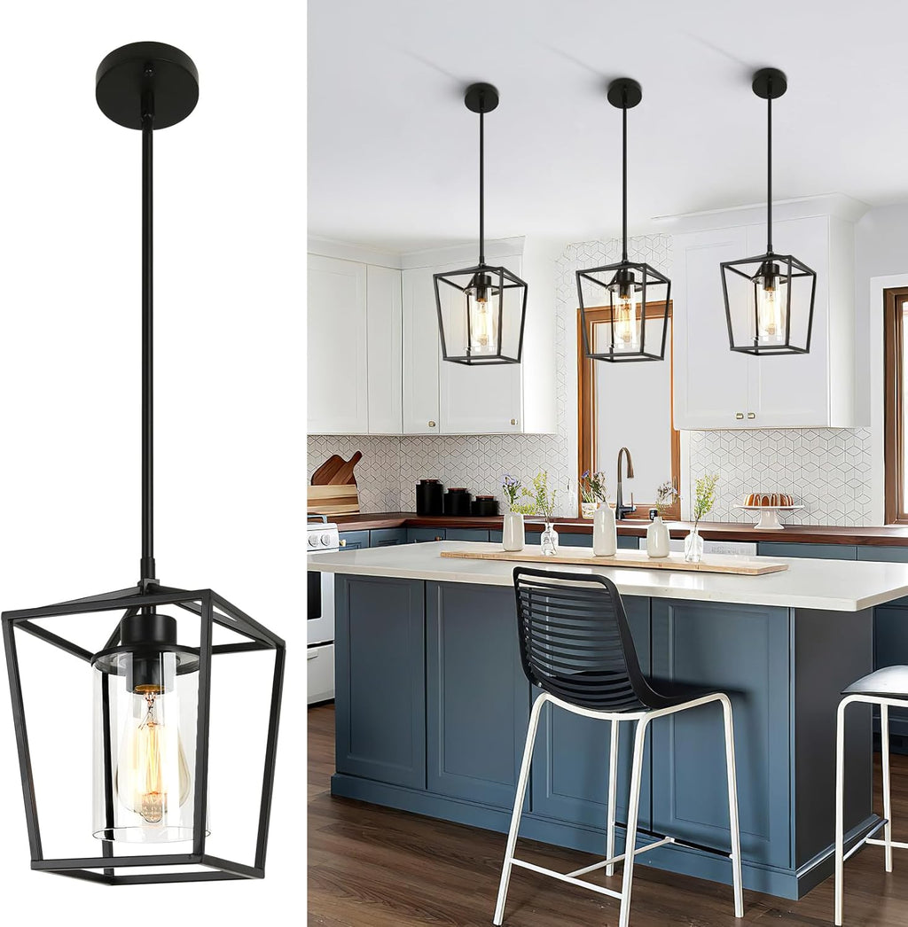 3 Pack Black Pendant Lights for Kitchen Island, 1-Light Farmhouse Metal Pendant Light Cage Kitchen Hanging Light Fixtures with Clear Glass Shade for Dining Room, Entryway, Hallway, Foyer