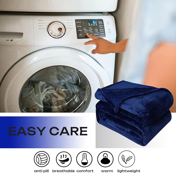 Fleece Plush Throw Blanket Navy Blue 90"x90"for Couch Fuzzy Cozy Flannel | - Image 5