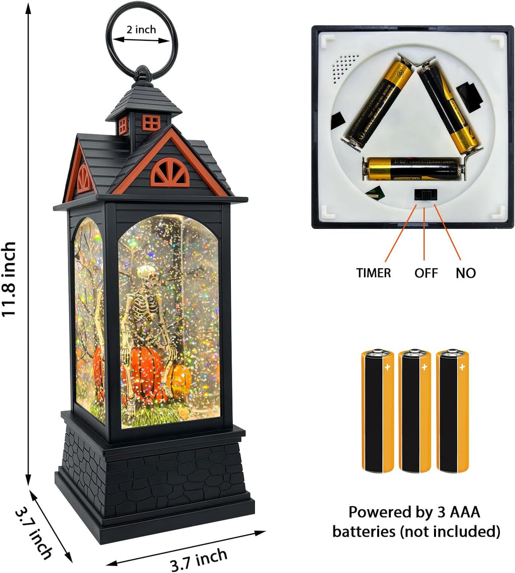 Halloween Snow Globe Lantern with 6 Hour Timer,Halloween Decorations Indoor for Home,Halloween Decor,USB or Battery Powered for Halloween Lanterns,Halloween Skeleton-B