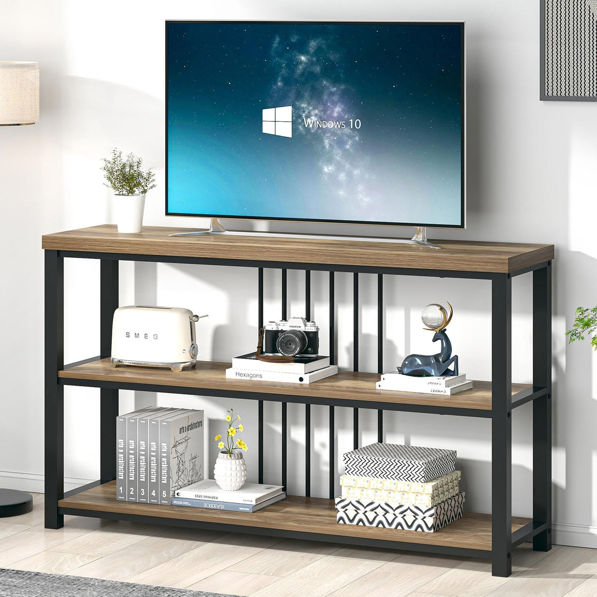FOLUBAN Modern Sofa Table for Entryway, 3 Tier Narrow Console Table for Living Room Hallway Behind Couch, Rustic Oak