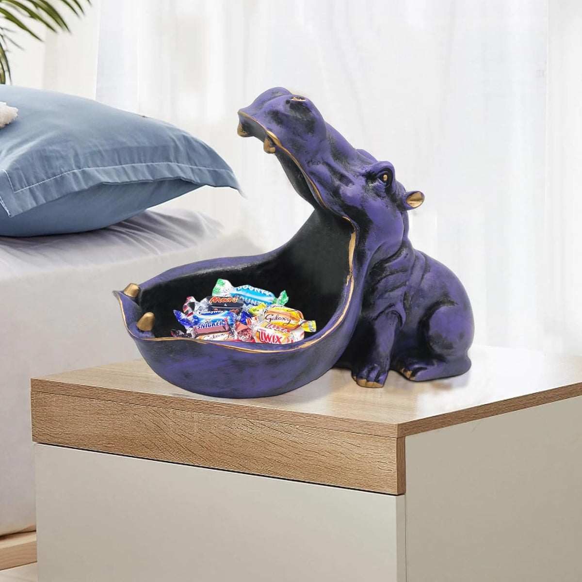 aboxoo Hippo Statue Home Resin Hippopotamus Figurine Fun Candy Dish,Key Bowl,Big Mouth Sculpture Table Art Decoration Sundries Container Storage Box (Purple)