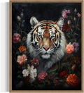 Tiger and Flower Poster Art Print, Halloween Scary Vintage Wall Art Academia Spooky Painting Decoration for Horror Prints, Gothic Posters Bedroom Decor 89 (Tiger and Flower, 16 x 20 inches, Wood Frame)