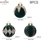 4inch Velvet Ornaments for Christmas Tree, 9PCS Glitter Flocked Christmas Ornaments Decorations Balls Set Decor Green