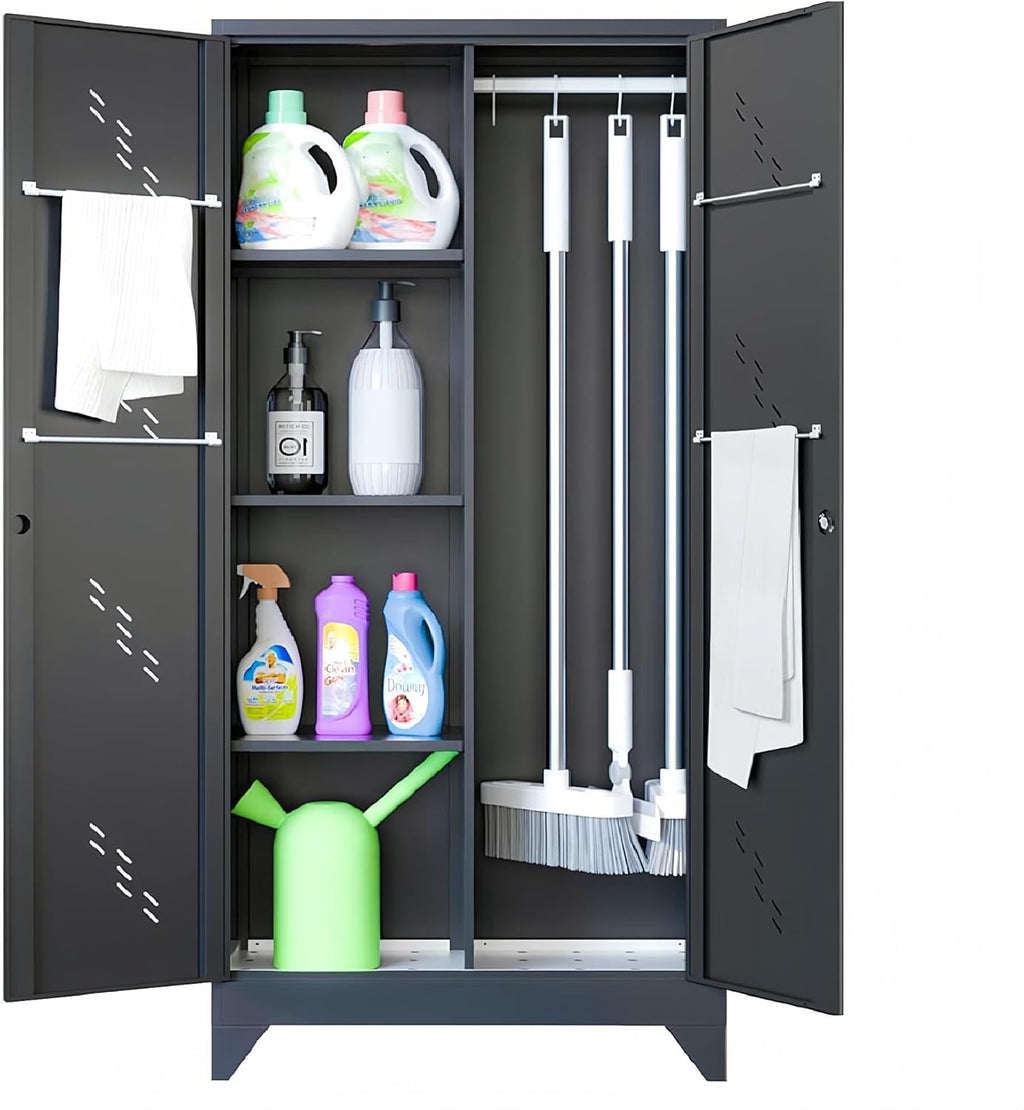 71" Broom Closet Cabinet with Hanging Rod, Tall Black Metal Storage Cabinet for Bathroom, Utility Room, and Garage