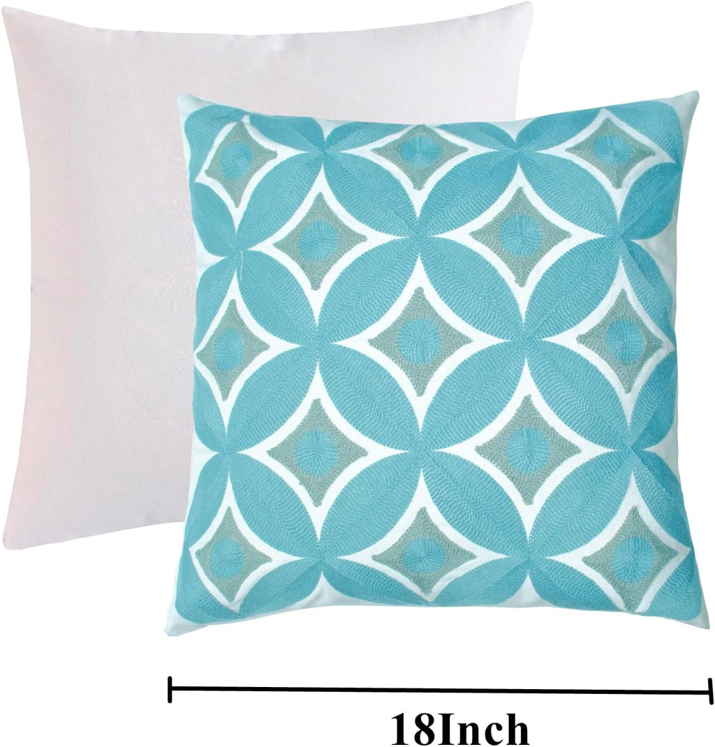 Embroidered Decorative Throw Pillow Cover, 18"x18" Set of 2, Farmhouse Pillowcase Blue Knit Pattern Cotton Canvas Cushion Case Square Floral Pillow Case for Sofa Couch Bed Living Room