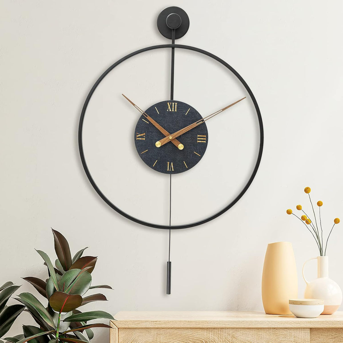 Large Modern Wall Clock,Wall Clocks for Living Room Decor,Classical Metal Minimalist Roman Numeral Dial,Big Decorative Farmhouse Pendulum Wall Clock With Walnut Pointers for Office,Dining Room