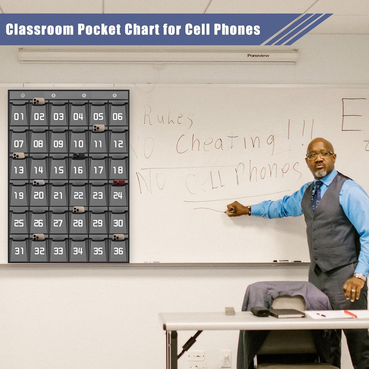 Loghot Classroom Accessories Closet Pocket Chart for Cell Phones Holder Wall Door Hanging Organizer (36 Pockets Gray)