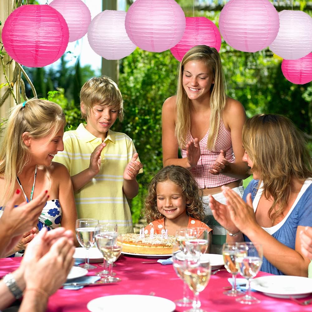Paper Lanterns Decorative, Pink Hanging Round Chinese Lanterns with Lights for Engagement Bachelorette Birthday Party 12 LED Light Pack of 12