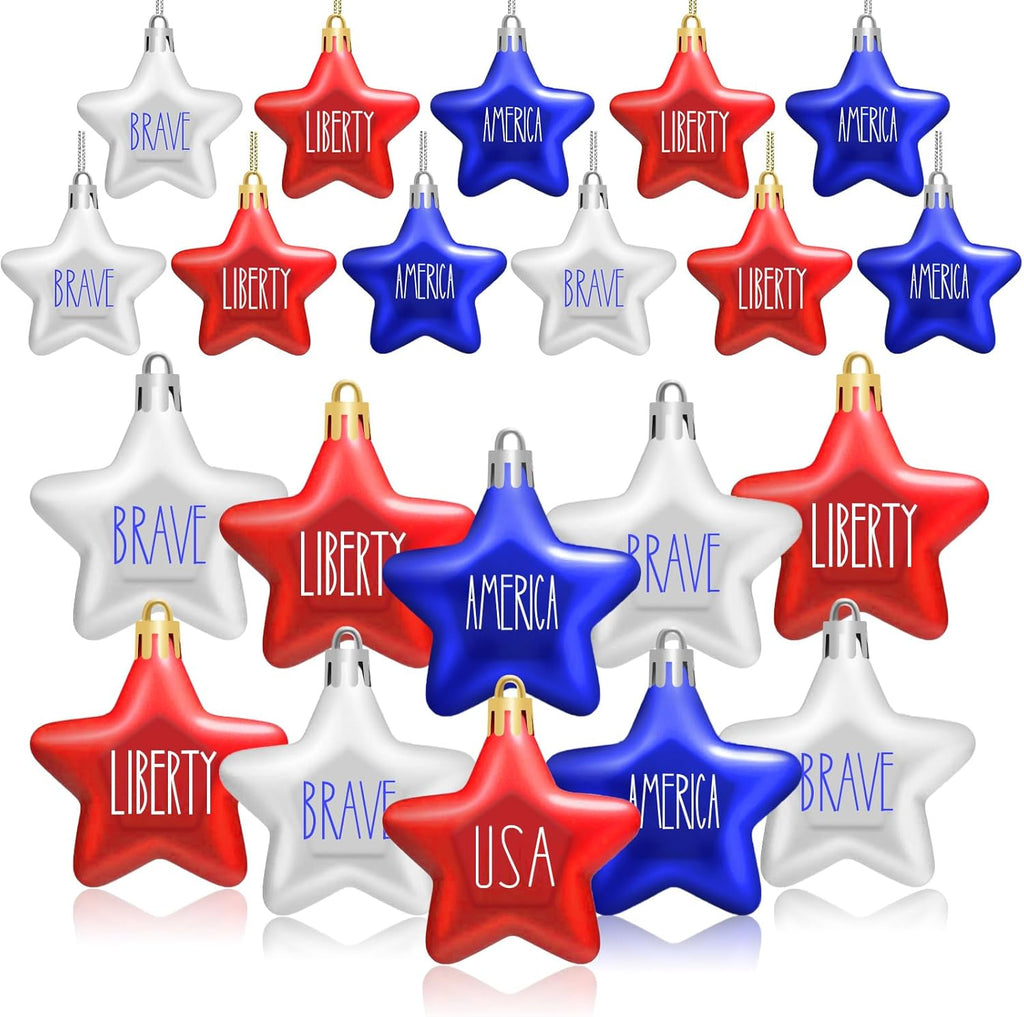 JULMELON 24Pcs 4th of July Patriotic Hanging Star Ornaments for Tree, Independence Day Memorial Day Labor Day Hanging Small Star Decorations for Home Party Christmas Tree Decor, Blue Red and Silver