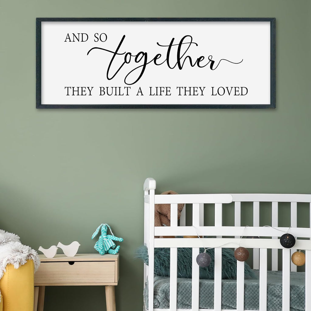 SRSZHIYUE And So Together They Built A Life They Loved Above Bed Sign Wall Decor Art 32"×12" for Master Bedroom Over Bed Large Wood Framed Wall Hanging (Black)