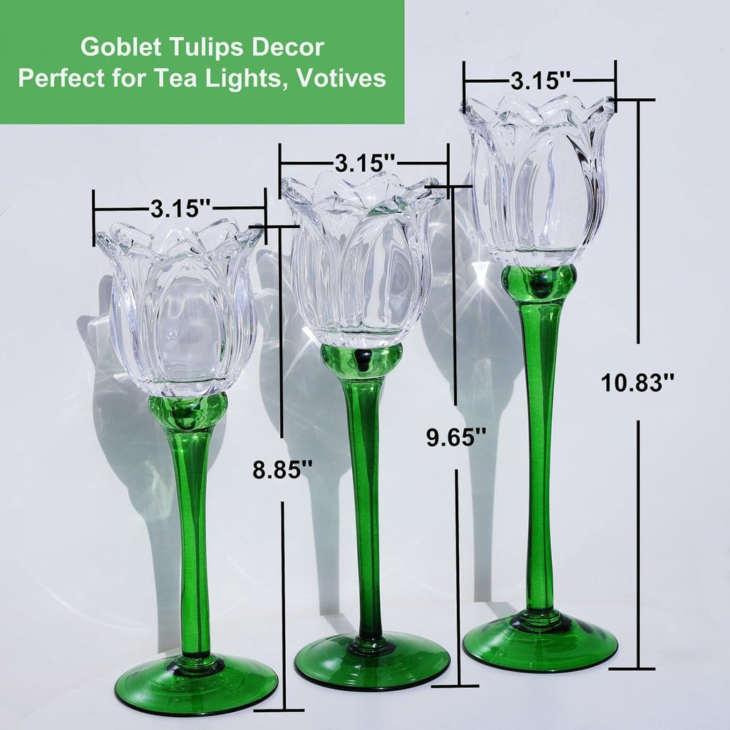 VOHO Tulips Glass Clear Candle Holder Decor for Home Living Room, 3pcs Varying Heights Tealight Candle Holder Wedding Centerpieces for Tables, White Flower Tall Votive Candle Holders Gifts for Friends