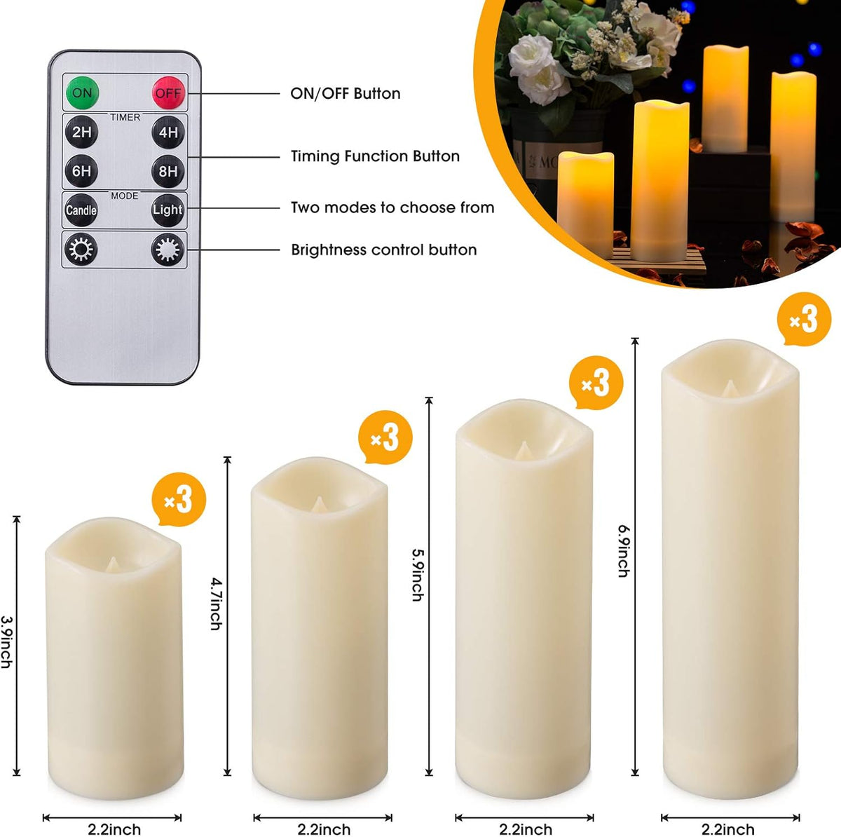 Waterproof Flickering Flameless Candles, Set of 12 Battery Operated Candles (D2.2'' x H4''5''6''7"), Outdoor Indoor Candles with 10-Key Timer Remote, Long Lasting