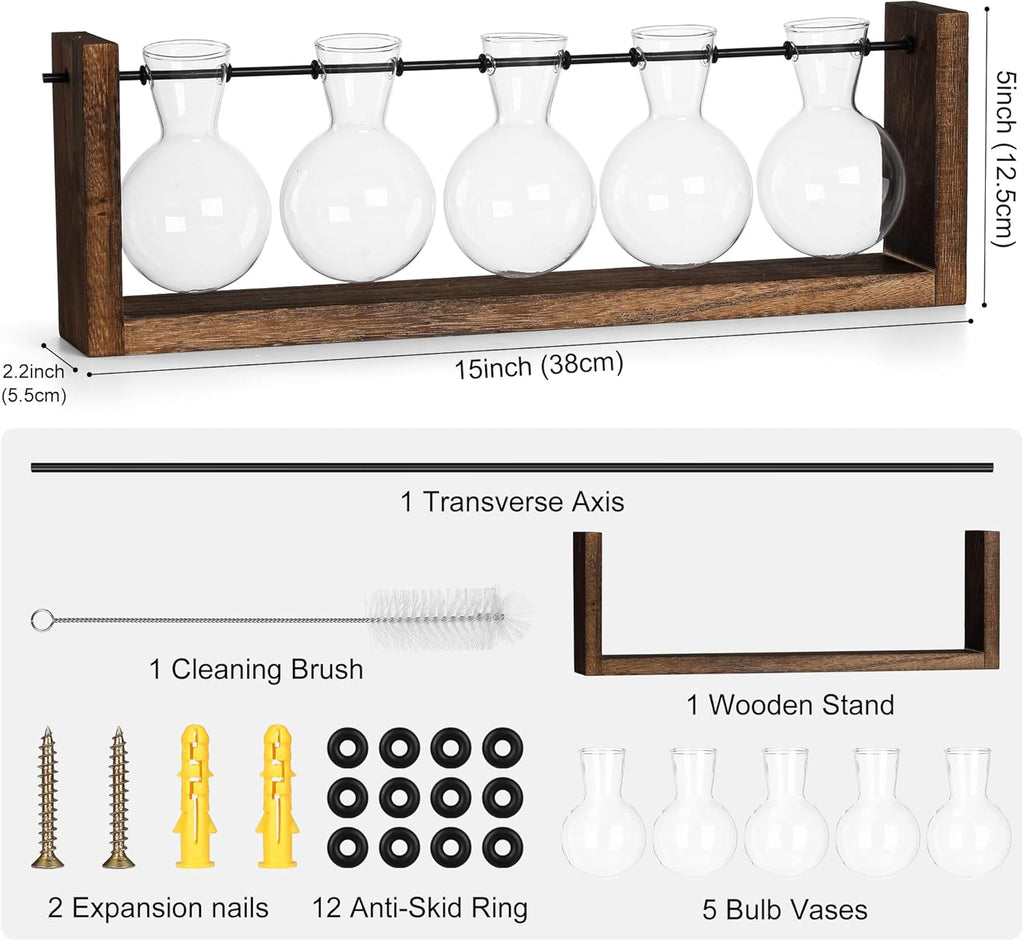 YIBOT Plants Propagation Stations,Plant Terrarium with Wooden Stand,Wall Hanging Glass Planter Plant Propagation Vase for Indoor Office Home Garden Decor Plant Lover Gifts for Women-5 Bulbs