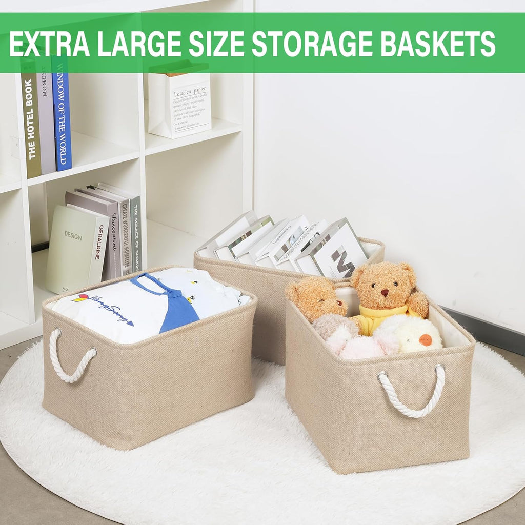 Bidtakay Large Storage Baskets for Shelves 3 Pack Fabric Storage Bins for Organizing Linen Collapsible Organizer for Closet-Flaxen