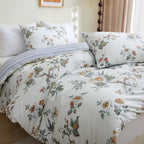 ABREEZE Floral Duvet Cover King Size Set Bird Flowers Bedding Set 100% Brushed Cotton Bedding Collection 1 Duvet Cover with 2 Pillowcases White
