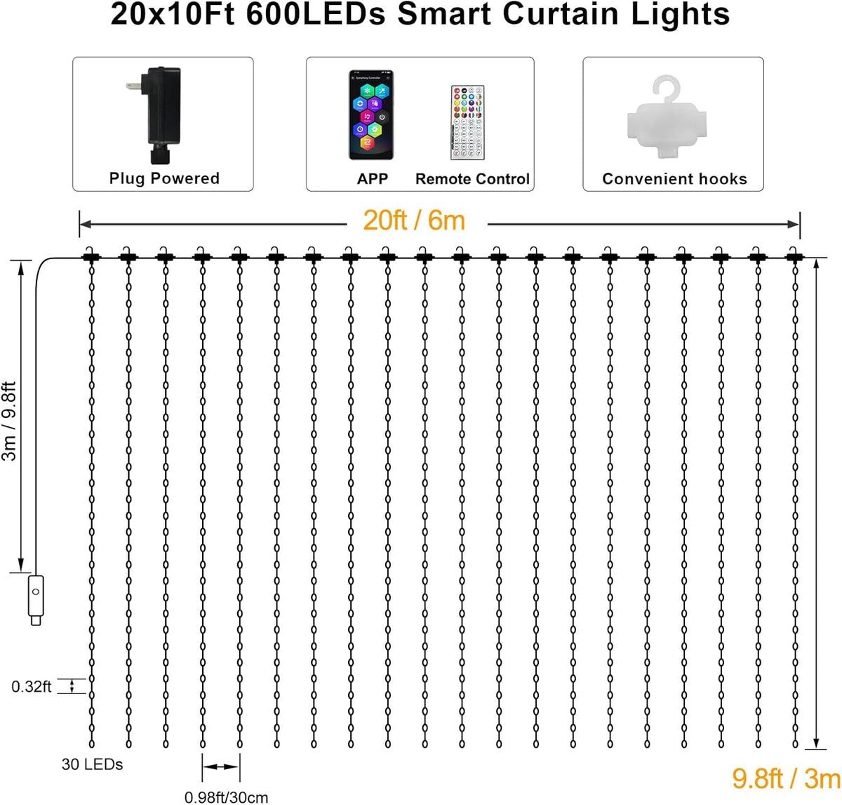 ZAIYW WiFi Smart RGB Color Changing Curtain Lights - 600 LED, Compatible with Alexa, App Control, Music Sync, Plug in for Christmas Wedding Outdoor Decor