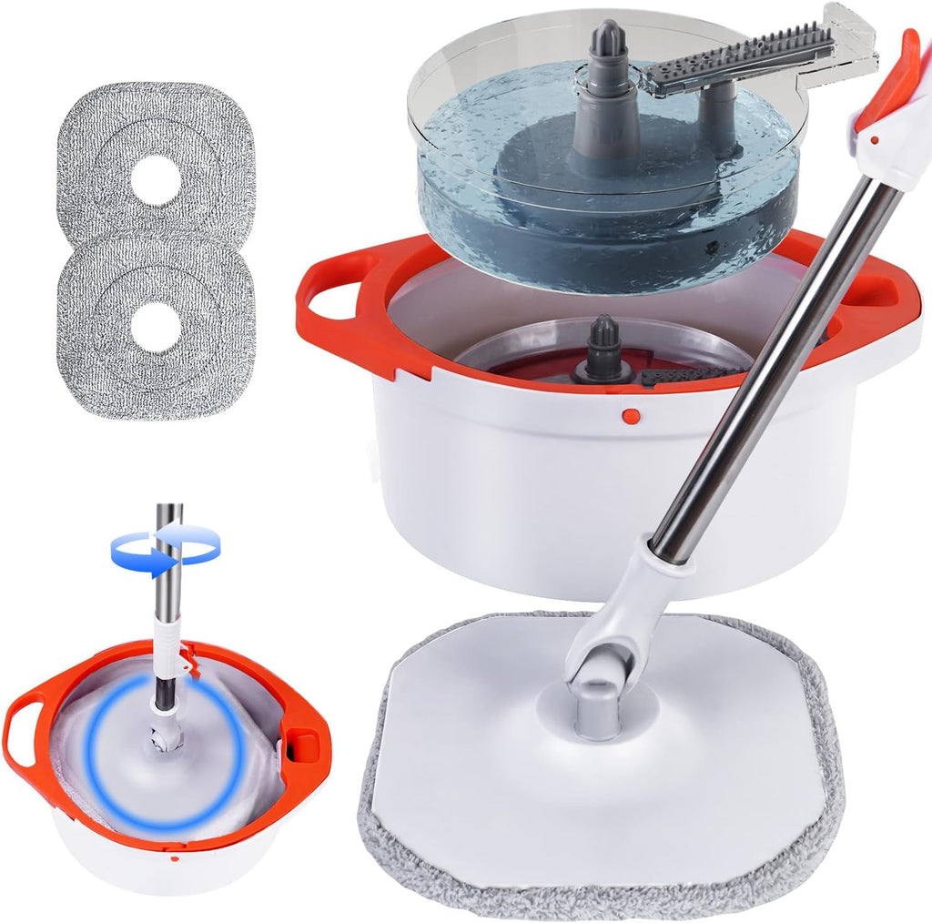 Spin Mop and Bucket Set with Separate Dirty and Clean Water,360° Spin Mop and Bucket System with Widening Foldable Handle,2 Replaceable Mop Pads,Square Mop for Floor Hardwood Tile Marble Wall Cleaning