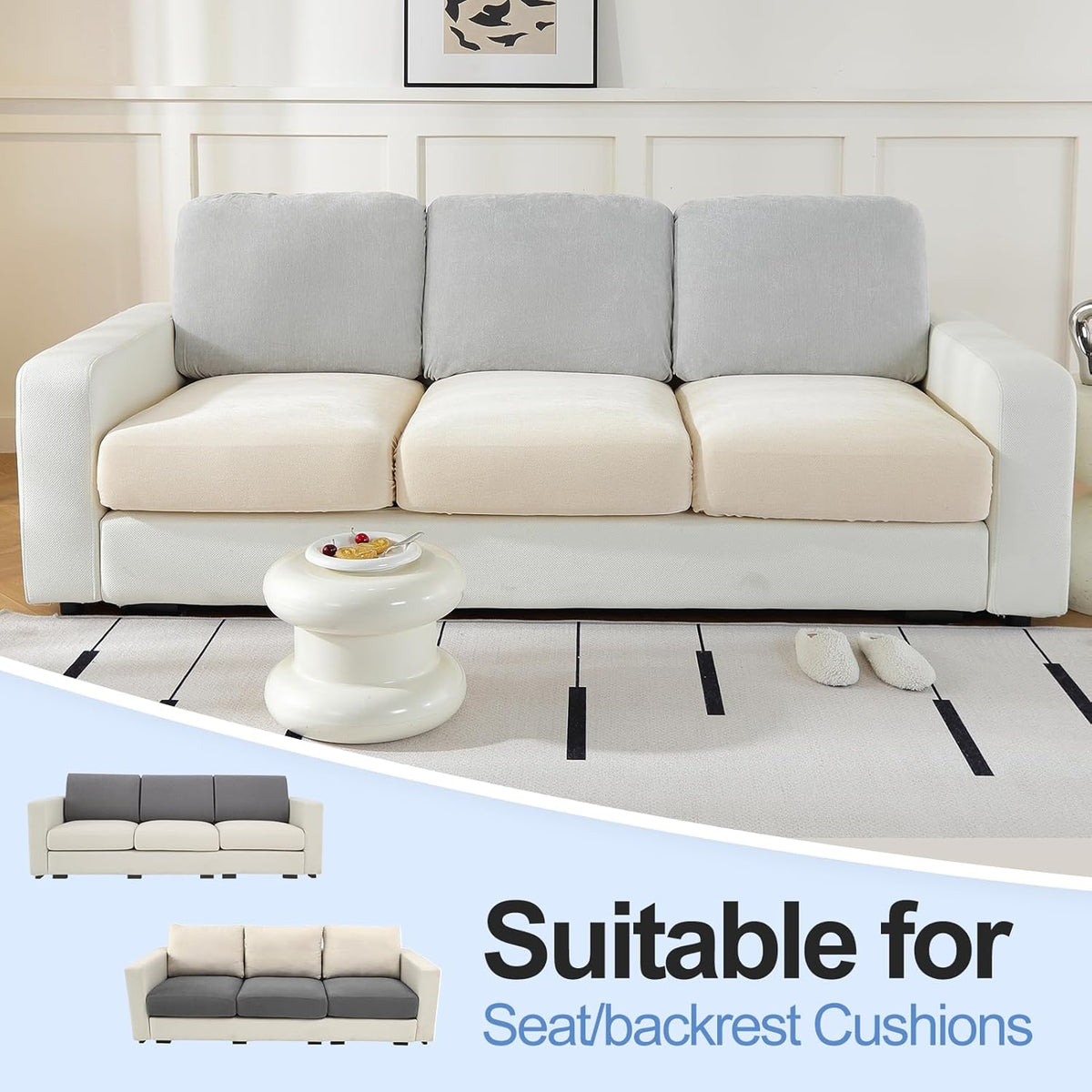 Chenille Sofa Armrest Covers, Soft Stretch Non-Slip Couch Arm Covers for Sofa, Chair or L Shaped Sectional, Furniture Protector (2 Pieces, Beige)