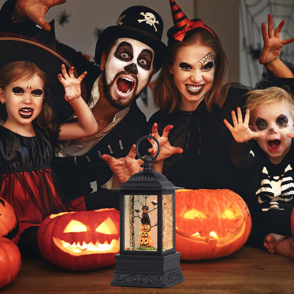 10'' Halloween Snow Globe, Lighted Musical Glitter Globe, Battery Operated or USB Powered Glitter Lantern for Spooky Halloween Festival Party Home Table Decorations (Pumpkin and Black Cat Combo)
