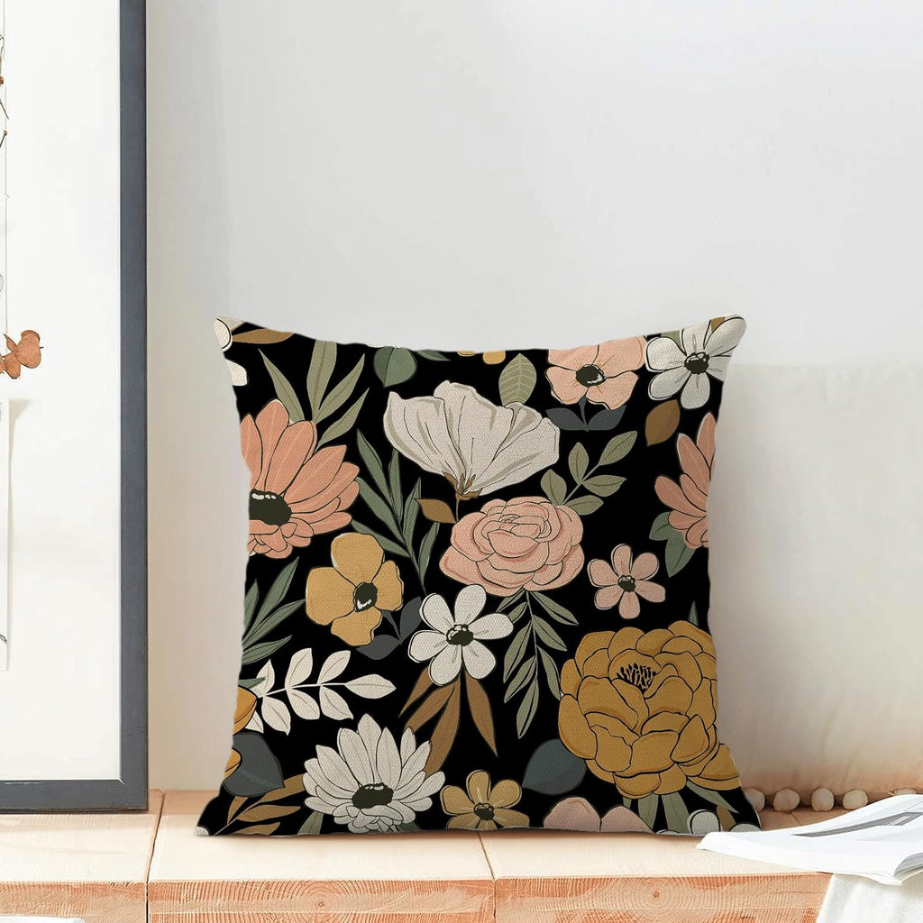 CXMEIFLY Spring Floral Pillow Covers 20 x 20 Inch Set of 2 for Vintage Pink Mustard Yellow Cream Flowers Decor Throw Pillows Plant Black Outdoor Decorative Cushion Cases for Couch Bed Decorations