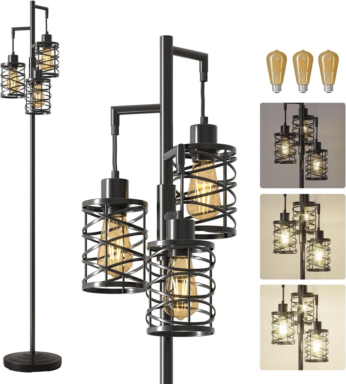 Oneach 70" Industrial Floor Lamp, Stepless Dimmable Standing Lamp with 3 Bulbs, Farmhouse Corner Standing Tree Lamp for Living Room, Tall Lamps for Bedroom, Office, Study Room, Dining Room, Black
