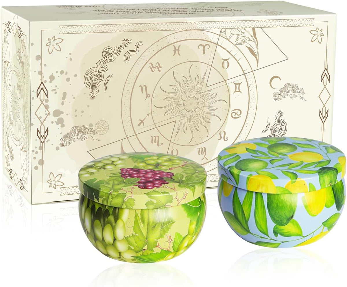 Set of 2 | 2.5-Ounce Scented Jar Candles - Fruit Style - Perfect for Home, Spa, Yoga Studio - Vibrant Colorful Iron Can Jars Candles(Grapes & Guava Fragrance)