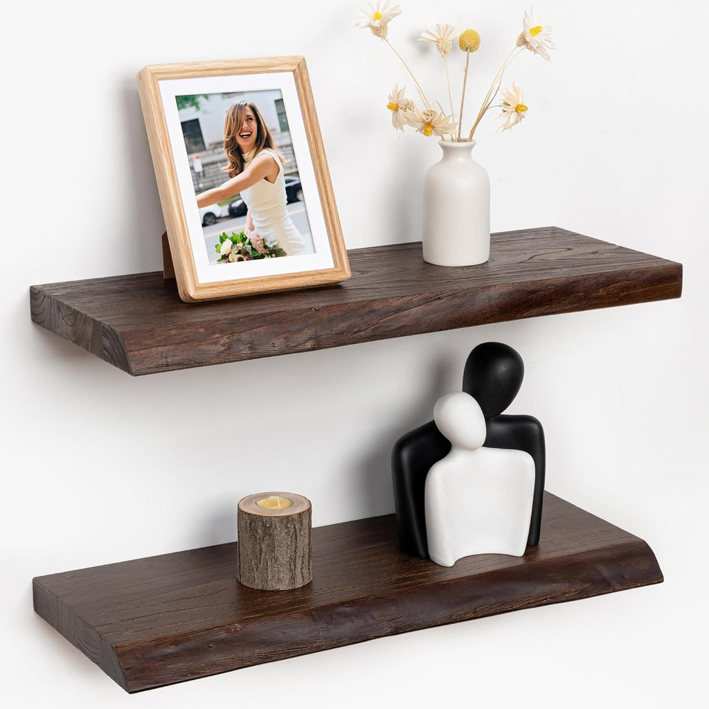 RICHFOCUS Live Edge Elm Floating Shelves - 24" W x 9.3" D Rustic Solid Wood Wall Shelves with Invisible Bracket, Wall-Mounted for Living Room, Bedroom, Kitchen Storage & Display, Set of 2, Walnut