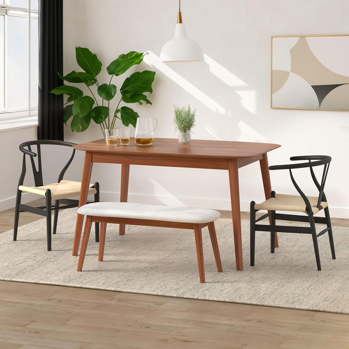 Wishbone Chair Natural Solid Wood Dining Chair/Hans Wegner Y Chair Rattan and Wood Accent Armrest Chairs - Ash Wood Chairs Set of 1 (Ash Wood - Black + Natural Color)