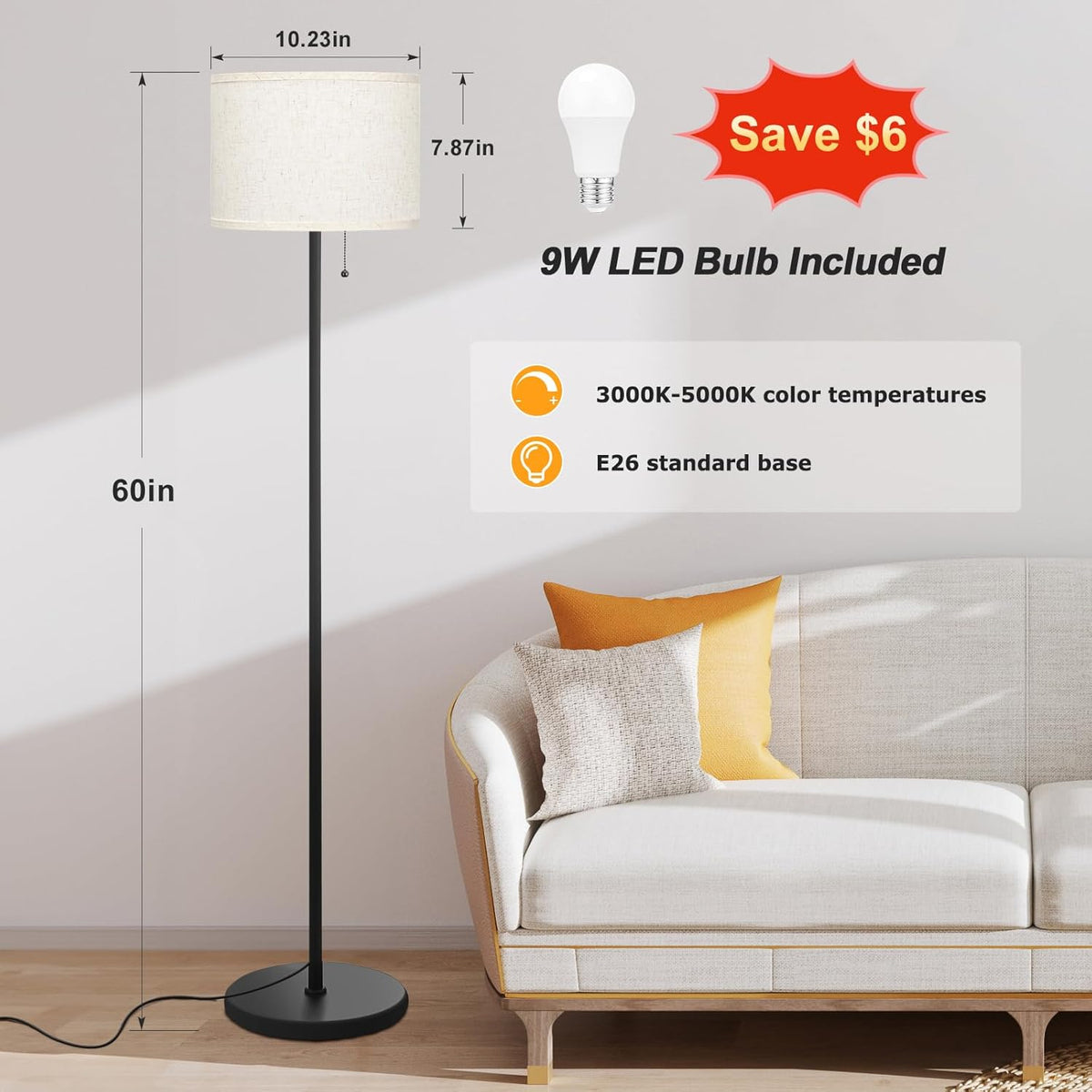 Ambimall Modern Standing Floor Lamp for Living Room & Bedroom with 3 Color Temperatures Bulb & Pull Chain Switch, 60" Tall with Beige Shade & Black Pole
