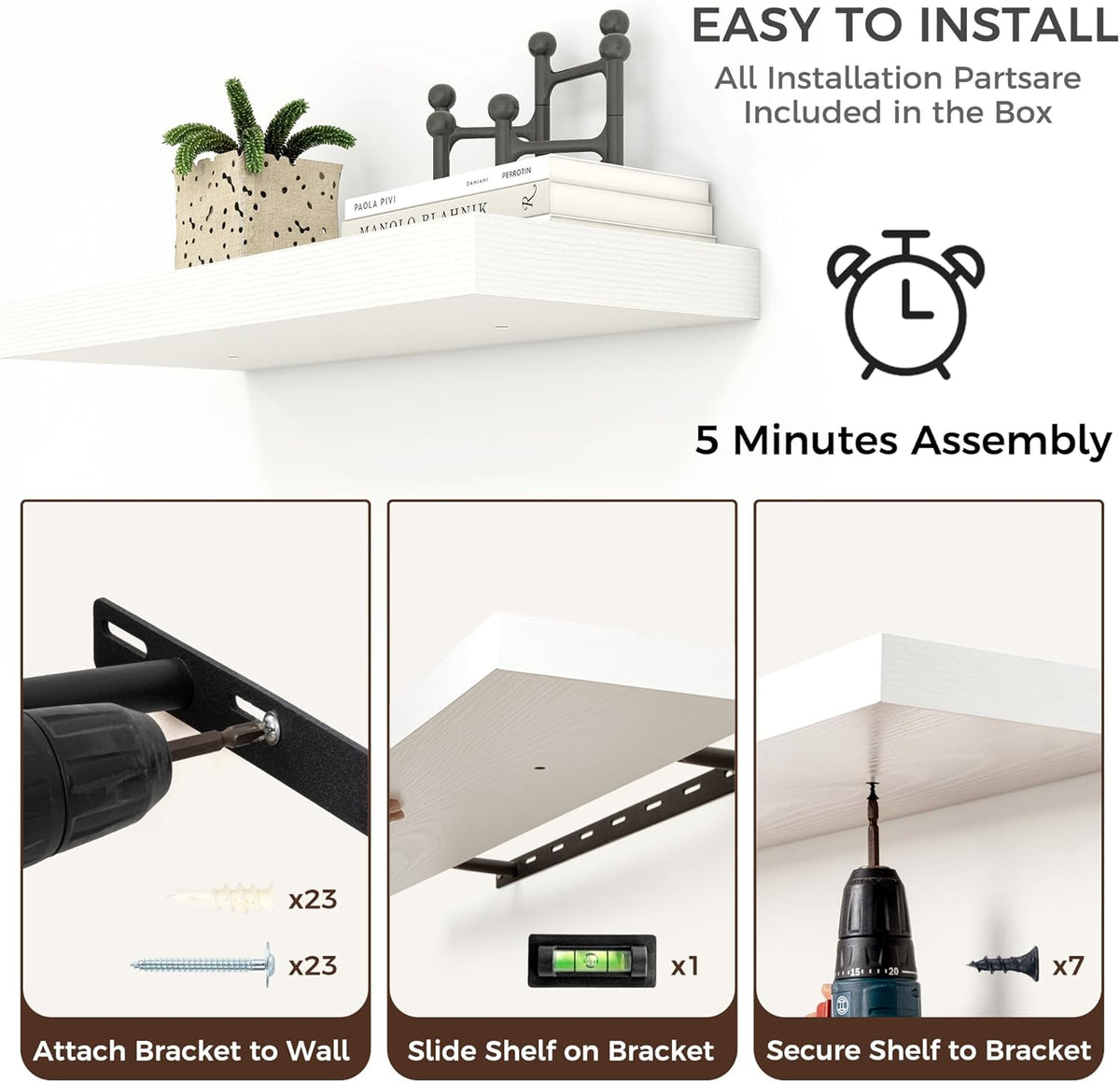 Floating Shelves for Wall, 2 Large Wall Mounted Shelves with Invisible Brackets, Long Wood Floating Wall Shelf Shelves for Living Room, Bedroom, Kitchen, (White, 48" W x 9" D x 1.5" H)