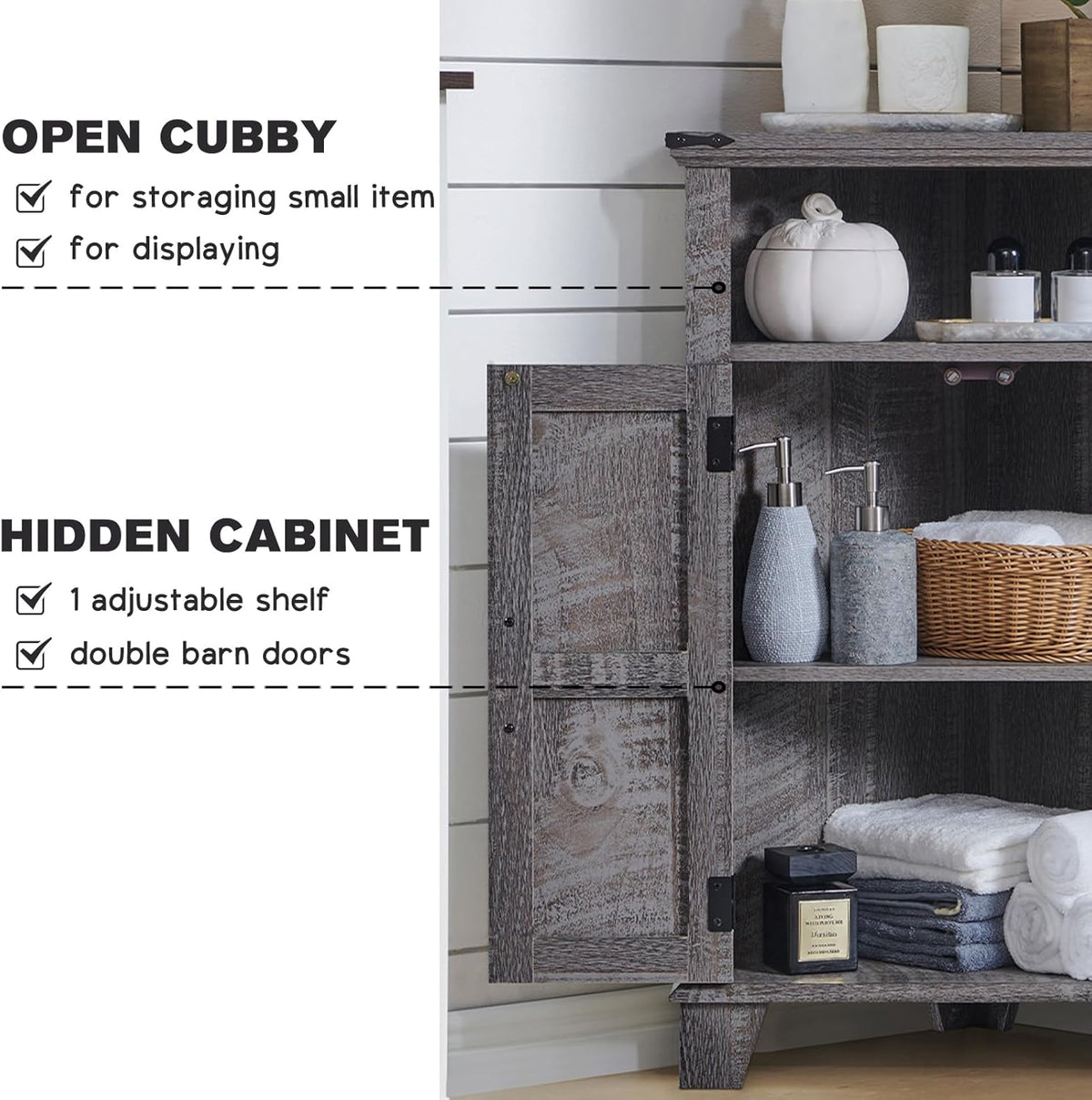 Corner Bathroom Cabinet, Farmhouse Small Corner Cabinet with Barn Door & Adjustable Shelf, Storage Cabinets for Bathroom, Kitchen, Living Room, Grey Wash