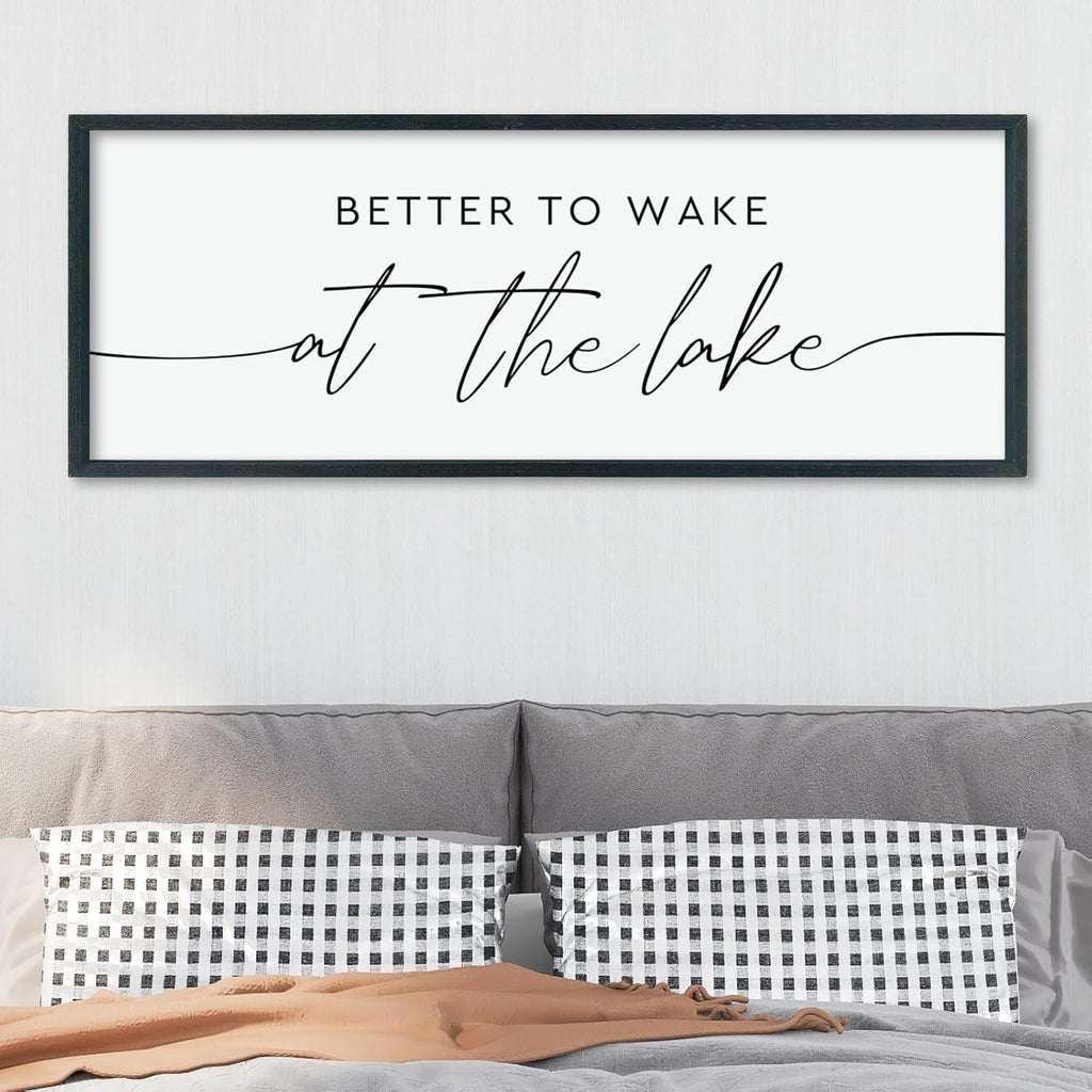 LuZhiQiang Better To Wake At The Lake Above Bed Wall Decor 40"×15" for Lake House Bedroom Over Bed Sign Wood Framed Large Wall Hanging Art (Black)