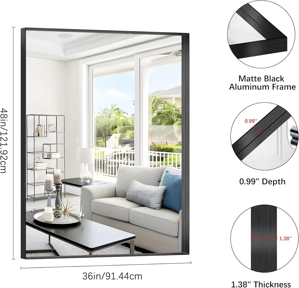 Black Bathroom Mirror, 36x48 Inch Rectangular Deep Frame Mirror, Large Wall Mounted Bathroom Vanity Mirror Over Sink for Bedroom,Restroom, Living Room, Hangs Vertically or Horizontally