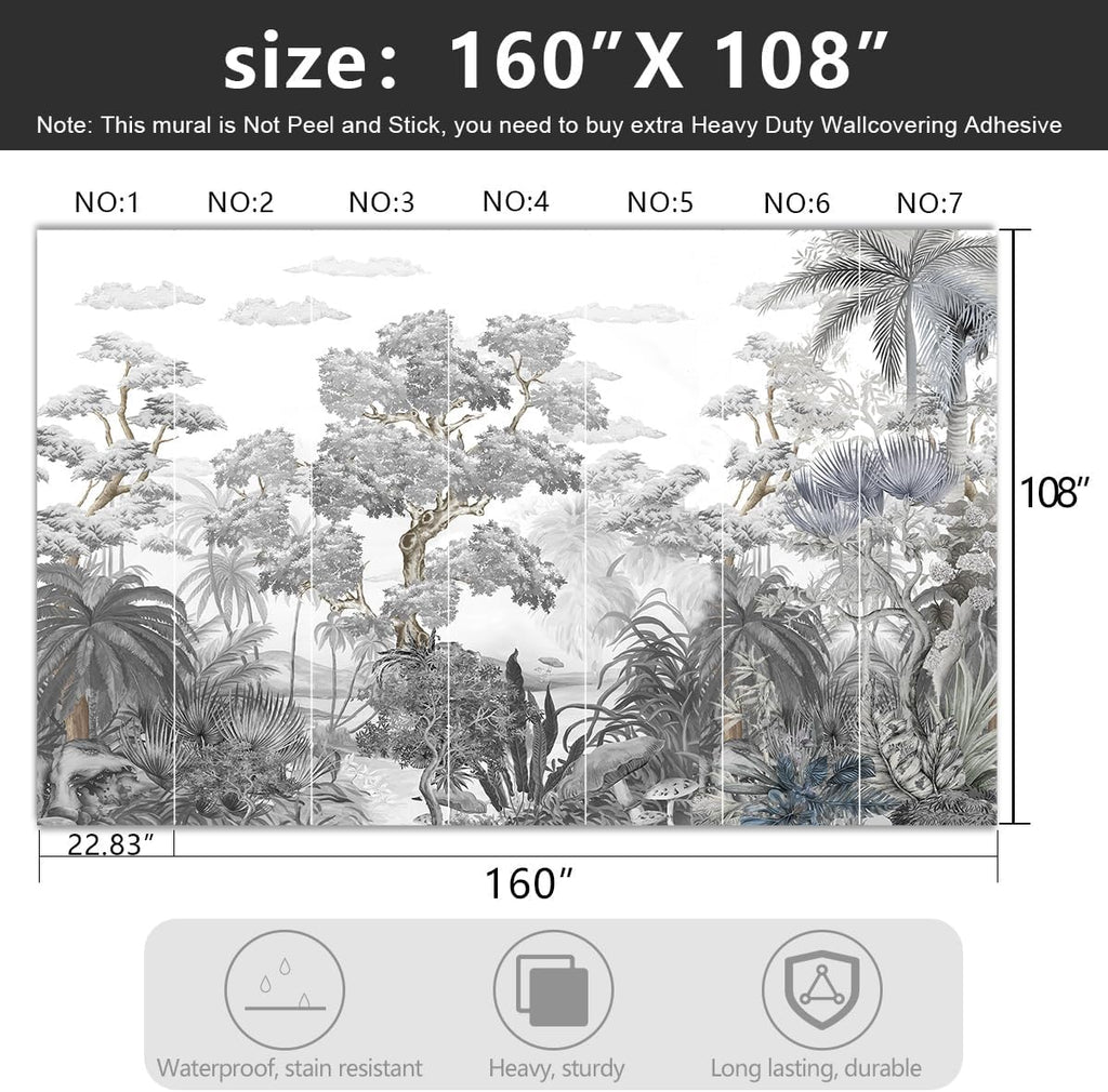 -Tropical Rainforest Botanical Grey Jungle Forest Fabric Wallpaper Living Room Palm Leaf Plant Bedroom Bathroom Large Wall Mural- 160"x108"（ not Peel and Stick）