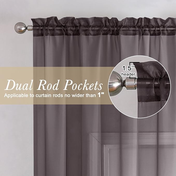 Sheer Curtains 90 Inch Long 2 Panels, Chocolate Light Filtering Living Room - Image 2