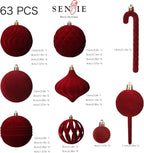 Senjie 63 PCS Velvet Ornaments Balls Sets for Christmas Tree Bulk Red Flocked Christmas Balls Assortment for Xmas Tree Holiday Decor
