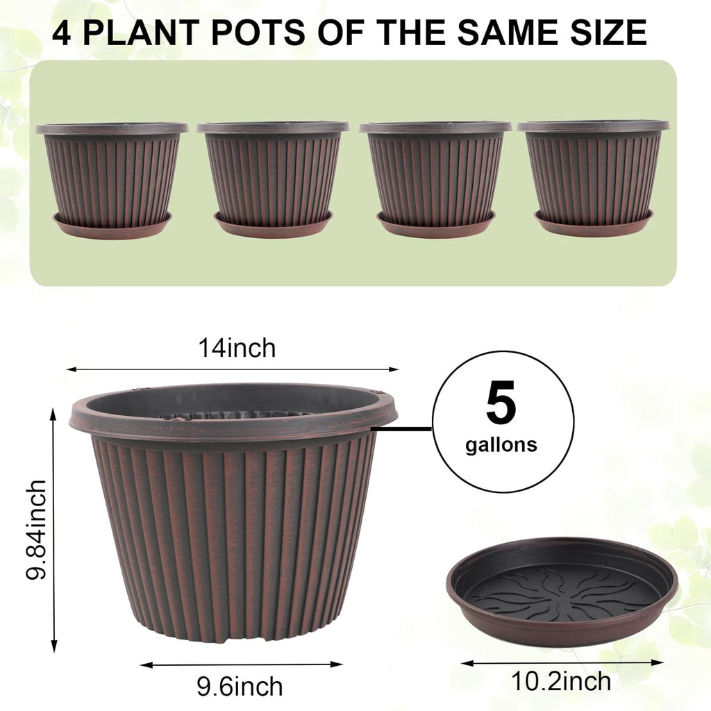 Large-Planter-Indoor-Outdoor Plant Pots, 14 inch 4 Pack Plastic Flower Pots with Saucer And Drainage Holes, Modern Garden Planters For Planting Medium Large Plants， Decorative Resin Garden Pots