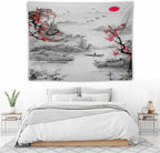 Cherry Blossoms Tapestry,Japanese Red Landscape Watercolor Abstract Art Tapestry,Asian Japanese Wall Tapestry, Nature Landscape Tapestries for Bedroom Living Room Decor 80"x60"