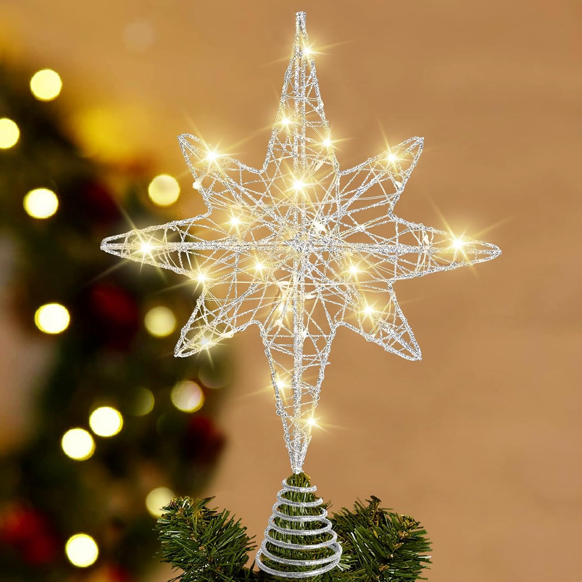 Christmas Tree Topper 13.5” Silvery Star Tree Toppers with 20 LED Lights for Christmas Tree Decorations, Xmas Tree Top Ornament for New Year Holiday Home Office Indoor