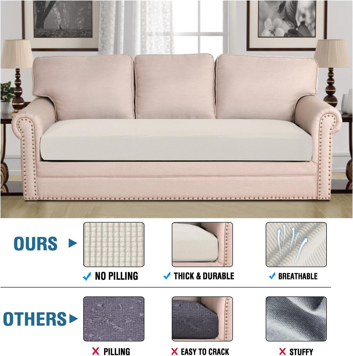 H.VERSAILTEX Super Stretch Individual Seat Cushion Covers Sofa Covers Couch Cushion Covers Slipcover Sets Thick Jacquard Textured Twill Fabric (1 Piece Sofa Cushion Cover, Porcelain)