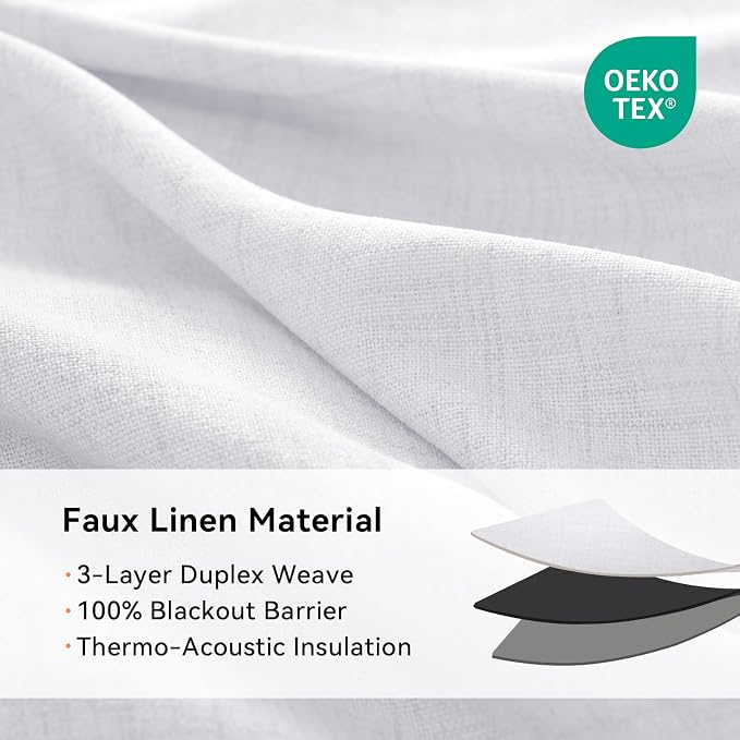 100% Blackout Linen Textured Curtains 96 Inch Long, Bright White | 100% - Image 4