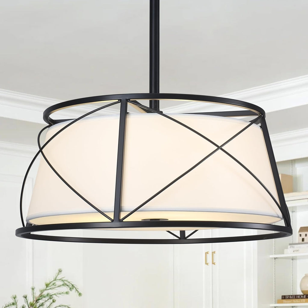 15.7" Black Drum Chandelier,3-Light Modern Farmhouse Chandelier,White Fabric Drum Shade Pendant Light Fixture for Dining Room Kitchen Island Bedroom Entryway