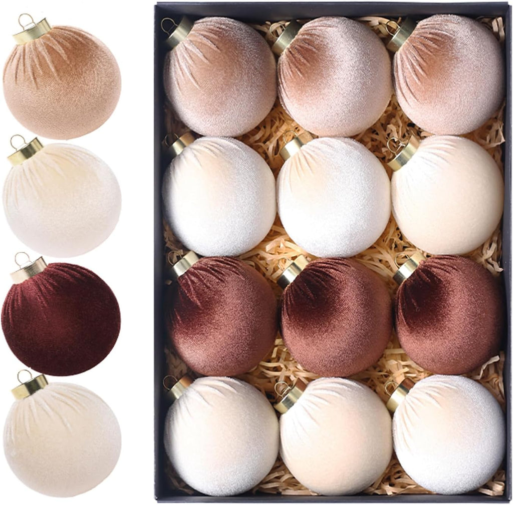 12Pcs Velvet Christmas Ornaments Balls,Brown Christmas Tree Decoration Shatterproof Ball with Hanging for Party Decor Multicolor Brown Beige 80mm/3.15in