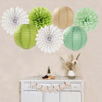 Olive-Sage Green-Boho Party-Decorations Streamers-Lanterns - 14pcs Baby Bridal Shower Wedding Paper Fan, Eucalyptus Wild Safari Jungle Birthday Tissue Pom Poms, Honeycomb Balls Decor Lasting Surprise